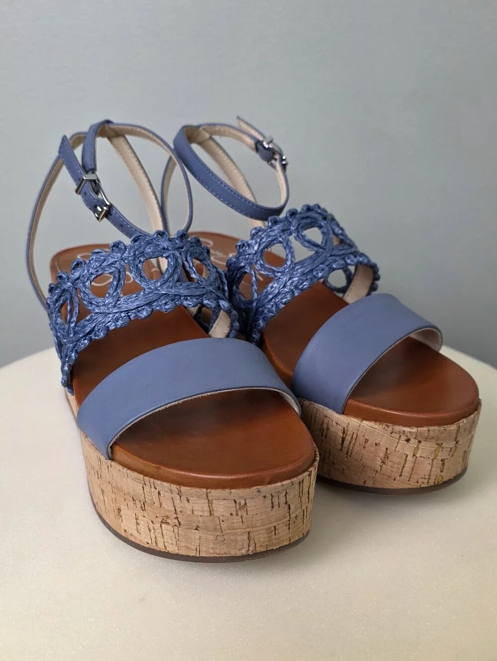 Jessica Simpson Callri Cork Platform Wedge Sandals Ash Blue NWT 7.5M Boho Chic
